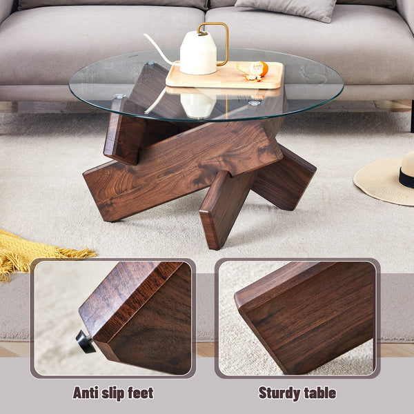 English Elm Round glass coffee table with tempered clear top, walnut MDF legs, adjustable anti-slip feet, modern centerpiece W1151P230572