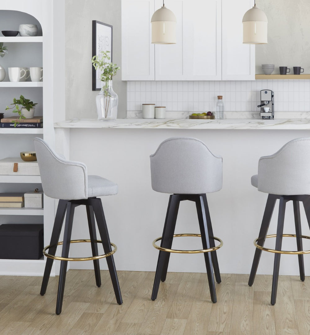 English Elm Fixed-height Swivel Barstools Upholstered Grey Fabric Black Wood Legs Kitchen Set of 2 Light Grey B202S01866