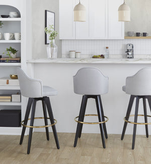 English Elm Fixed-height Swivel Barstools Upholstered Grey Fabric Black Wood Legs Kitchen Set of 2 Light Grey B202S01866