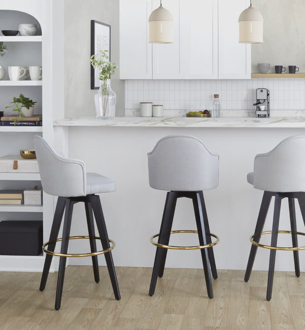 English Elm Fixed-height Swivel Barstools Upholstered Grey Fabric Black Wood Legs Kitchen Set of 2 Light Grey B202S01866