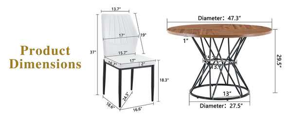 English Elm Table and Chair Set Walnut Round Dining with Six White Pu Seats Modern Industrial W1151S04858