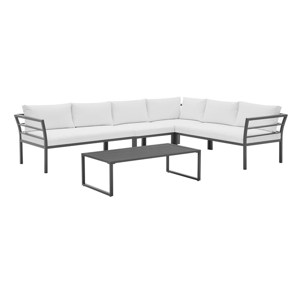 English Elm Sunnyside Outdoor 5-Piece Conversation Set Seats 6 with Waterproof Cushions, UV-Resistant Steel Frame and Slatted Coffee Table White B365S00105