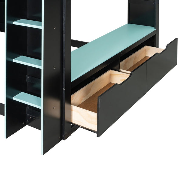 English Elm Full Size Loft Bed with Rgb Lighting Desk Drawers Hanging Rod Teen Bedroom Blue LT000288AAC-1