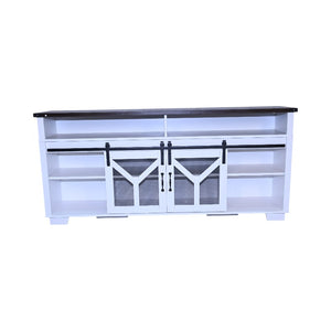 English Elm 65.3" TV Stand with LED Ambience, Sliding Iron Mesh Barn Doors, Y-Accent Rustic Farmhouse Storage White+Walnut W1412P271798