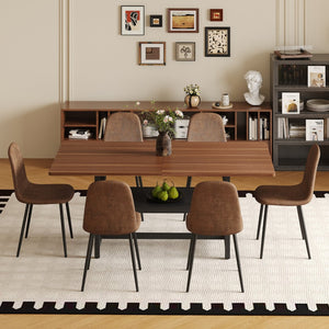 English Elm Table Set: Modern Walnut Grain Dining Table With 6 Comfortable Techno-Fabric Chairs & Storage Shelf W1151S04290-GIGA