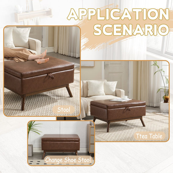 English Elm Mid-century square storage bench with solid wood frame, microfiber upholstery, versatile ottoman seat and tabletop functionality for living room and entryway appeal Brown PU W1539P269658