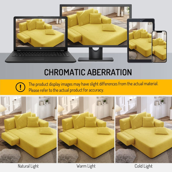 English Elm Luxurious Corduroy Frameless Chaise Sofa Bed with Spring Cushion and Storage Pocket Yellow W3219P496262