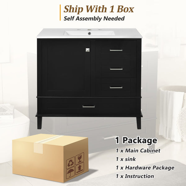 English Elm 36" Black Bathroom Vanity Solid Pine Frame with Soft-Close Door, 3 Drawers, Ceramic Top, Modern Storage Appeal N729P211167B