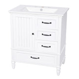 English Elm 30" Bathroom Vanity With Sink, Bathroom Cabinet With A Door, Three Drawers, Solid Wood Legs & Mdf Board, Adiustable Foot Pads, White