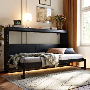 English Elm Twin-size Murphy Wall Bed with Led Lighting Usb Outlet and Decorative Printed Panel Black LP000355AAB