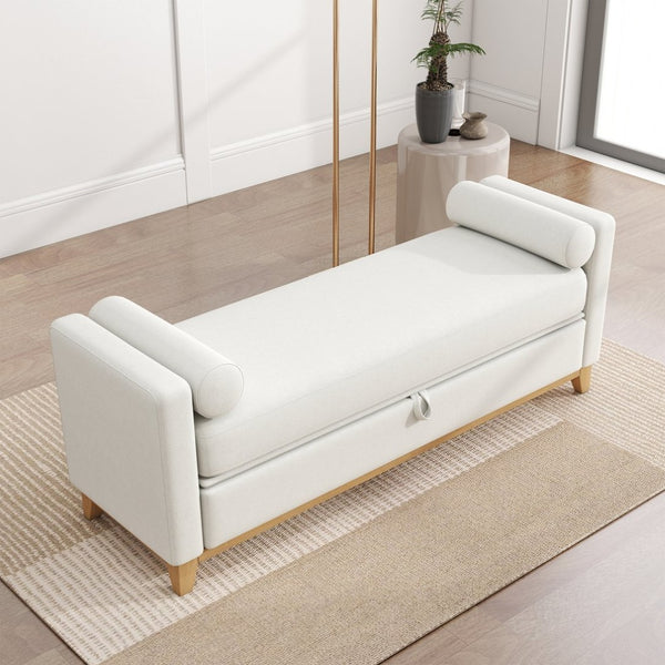 English Elm 66 Inch Sherpa Upholstered Storage Bench with Fluted Wood Base and Bolster Pillows Beige+Natural W1658P446112