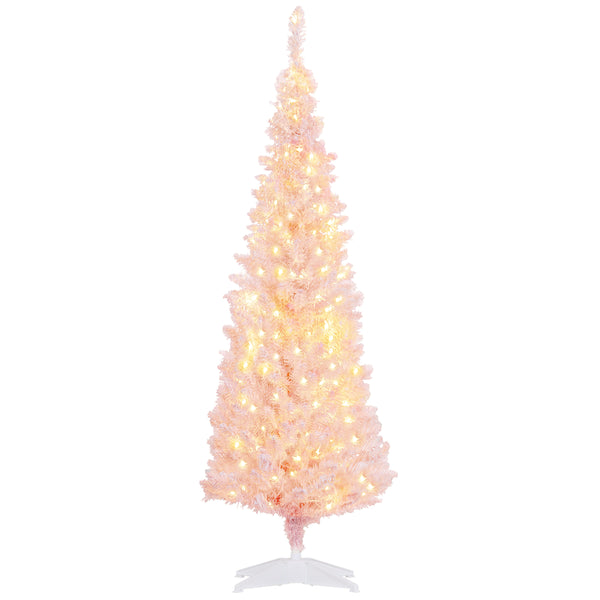 English Elm Homcom 5' Slim Snow-Flocked Pink Christmas Tree - Pre-Lit With 160 Warm White Leds, Perfect For Small Spaces W2225P249637