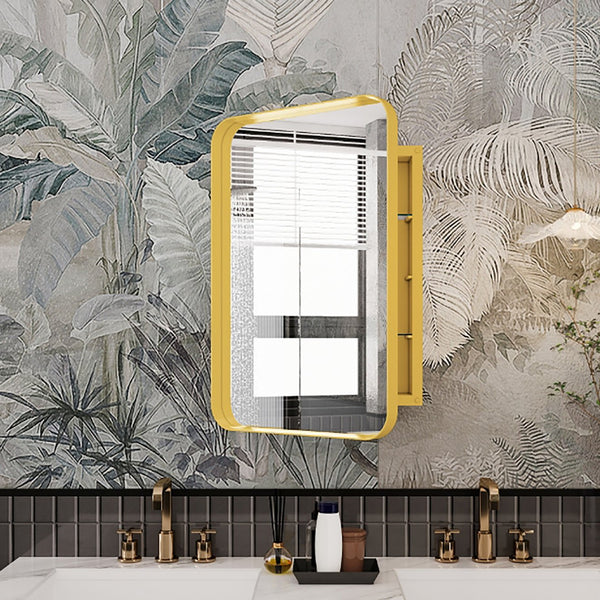 English Elm 16x24 Recessed Golden Metal Framed Medicine Cabinet with Mirror, Adjustable Shelves, Elegant Matte Gold Finish and Storage for Bathroom (Recessed) W1435P191606
