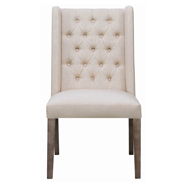 English Elm Jorvin Rustic 5-Piece Dining Set with Raw Edge Table, Beige Tufted Wingback Chairs, Black Trestle Base B062S01038