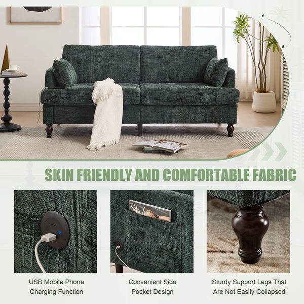 English Elm Modern chenille 2-seater sofa with LED, USB charging, storage pocket, solid wood legs, durable comfort Emerald W395P318546