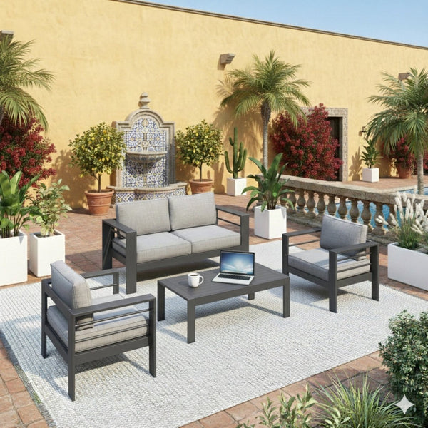 English Elm 4-piece Outdoor Aluminum Conversation Set with Deep Lounge Seating and Wpc Coffee Table Dark Grey B082S00089