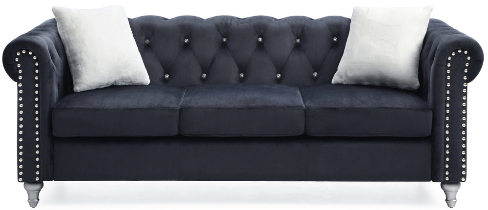 English Elm Raisa Velvet Tufted Sofa with Jeweled Buttons, Nailhead Accents, Pocketed Coil Cushions & Pillows Black 15 L x 26 W x 34 H B078S00102