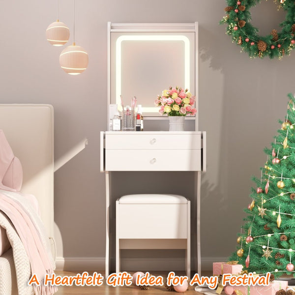 English Elm Vanity Set with Led Mirror Tempered Glass Top Foldable Tables and Stool for Bedroom W3767P441924