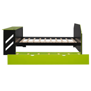 English Elm Full Size Wood Daybed with Twin Trundle Desk and Usb Charging for Teen Rooms Green LT000262AAG