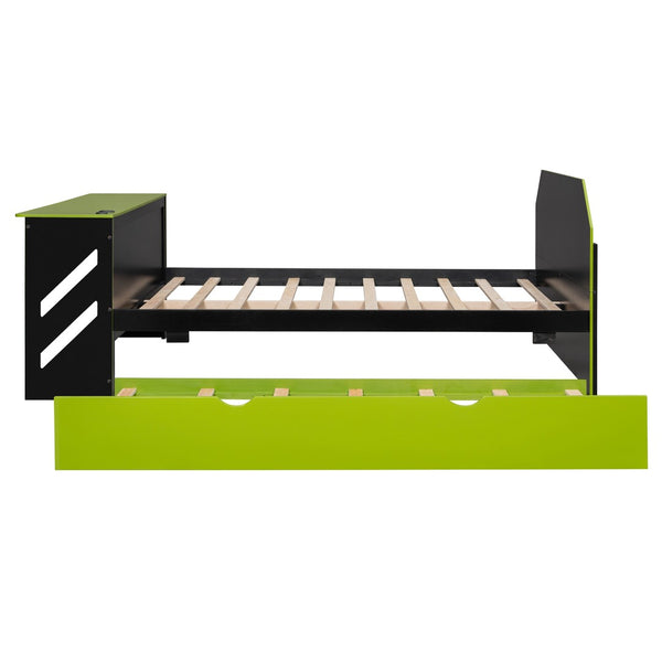 English Elm Full Size Wood Daybed with Twin Trundle Desk and Usb Charging for Teen Rooms Green LT000262AAG