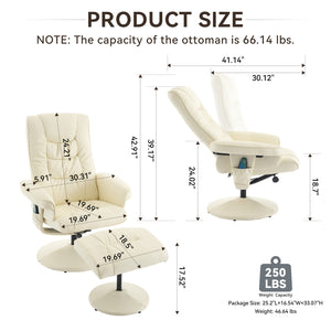 English Elm 015-Recliner Ergonomic Swivel Massage Chair with Ottoman, Heated 5-Point Vibration, 140° PU Recliner Beige W2636P262437