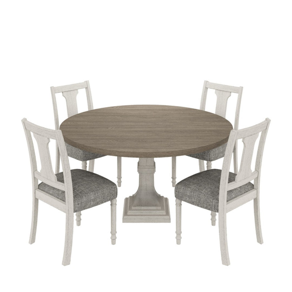 English Elm Taranto Round Pedestal Dining Set Seats Four with Distressed Wood and Linen Chairs B2749S00307