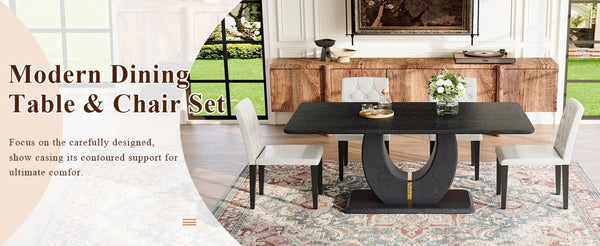 English Elm Black Wood Grain Mdf Dining Table Set Seats Four with Suede Upholstered Chairs W1151S04471