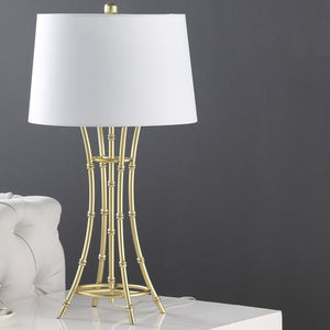 English Elm 29.25" Kiara Modern Satin Brushed Gold Bamboo Table Lamp with Off-White Linen Shade, Elegant Accent Gold+White B072P222428