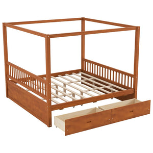 English Elm Wooden Canopy Queen Bed Solid Frame with Built-in Storage Drawers Slatted Base Walnut N7090005037L