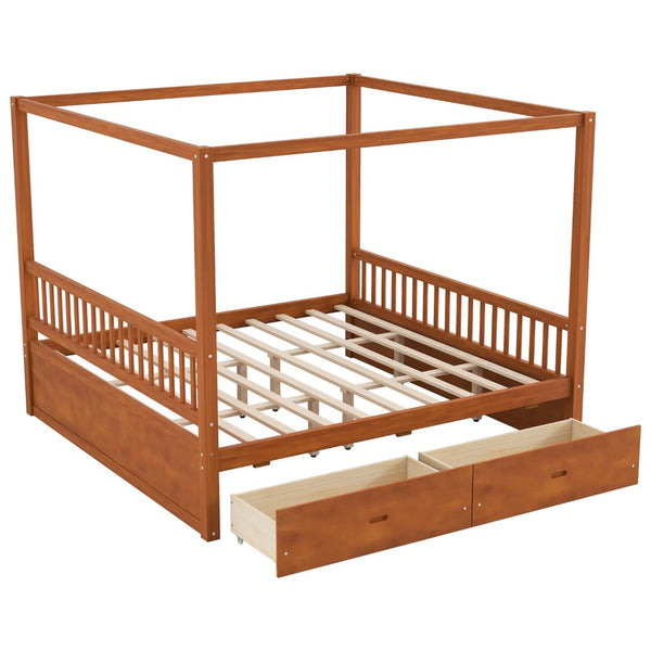 English Elm Wooden Canopy Queen Bed Solid Frame with Built-in Storage Drawers Slatted Base Walnut N7090005037L