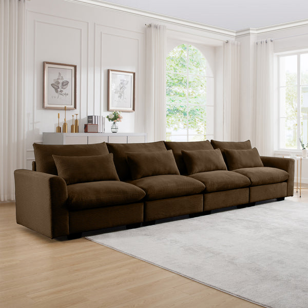 English Elm 4 Seater Deep Seat Corduroy Sofa with Modular Configurations, Plush Supportive Cushions & Ergonomic Design Brown W714S00662