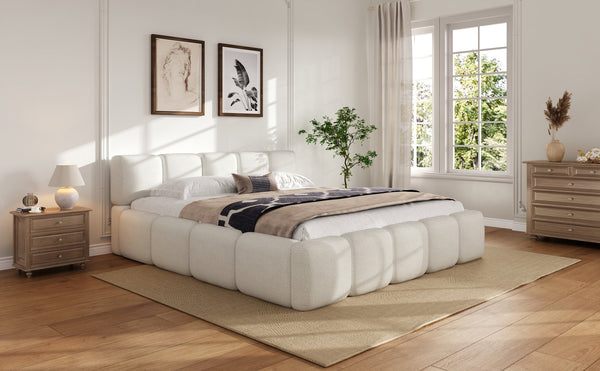 English Elm Christopher Knight Home® - California Boucle Platform Bed King Size — Plush Thick Headboard & Footboard, Sturdy 800lb Frame, White N757P333169W