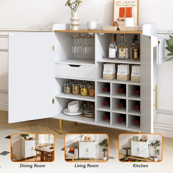 English Elm Modern Fluted Bar Cabinet with Wine Rack Glass Holders Adjustable Shelving and Hidden Drawer White N728P438606W