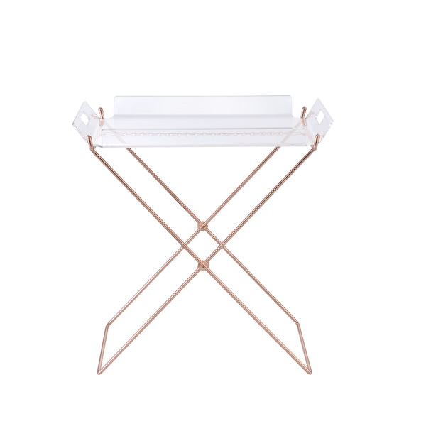 English Elm Cercie Clear Acrylic Tray Table with Copper Metal X-Base, Removable 5mm Tray, Sleek 100lb Capacity B2726P338120
