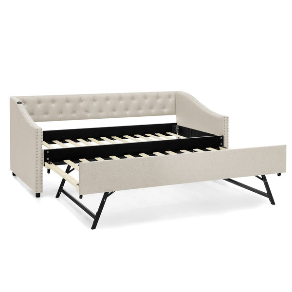 English Elm Twin Daybed with Pull Out Trundle Usb Charging Tufted Upholstered Sofa Guest Bed Beige W1413S00156