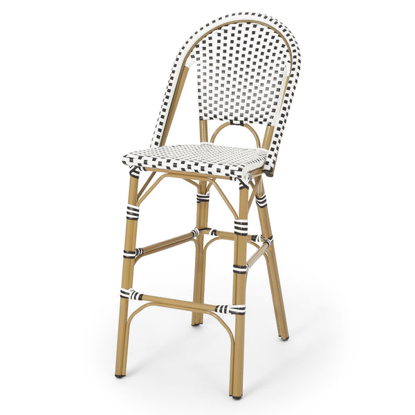English Elm Christopher Knight Home® - 29.5" Outdoor PE Rattan French Barstool with Bamboo-Print Aluminum Frame, Durable Wicker Cafe Charm White+Black 71422.00BWHI