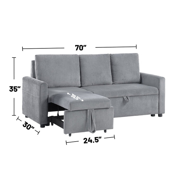 English Elm Corduroy Plush Sofa with Pull-Out Chaise and Hidden Underseat Storage, Gray Velvet-Look Comfort B016S00054