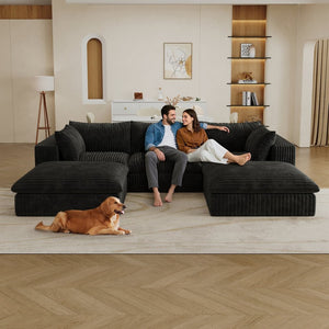 English Elm 118.2" Modular Cloud Sofa Corduroy Upholstered Deep Seat Lounge for Living Room Black W2824S00182