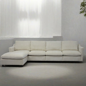 English Elm 4-Seater Modular Cloud Sofa in Beige Fabric with Ottoman, Memory Foam Comfort, Pockets & Pillows W1183S00011