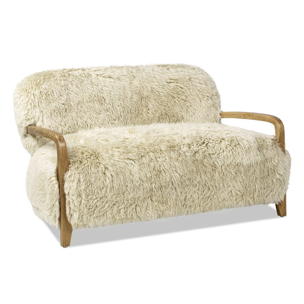 English Elm Jennifer Taylor Home - Enchante Taupe+Natural 52.5" New Zealand Sheepskin Loveseat with Oak Arms, Plush Foam & Spring Comfort B2719P238269