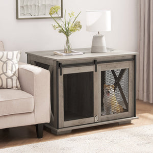 English Elm Farmhouse Dog Cage Crate Furniture with Sliding Barn Door, Secure Metal Latch, Flip-Up Top Access and Removable Divider for Small to Large Dogs (40.94x30.51x6.69) Gray Wash W2275P164727