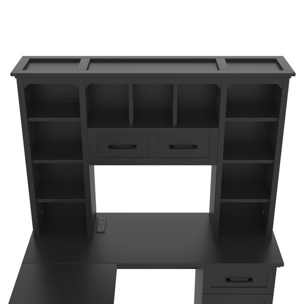 English Elm L-shaped computer desk with ample storage 11 shelves, 3 cabinets, 2 drawers, flip-up shelf for workspaces Black W1580S00189