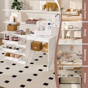 English Elm 4-in-1 Folding Sewing Table with Lockable Wheels, White MDF Craft Station, Shelves, Mobile Workbench W2700P311798