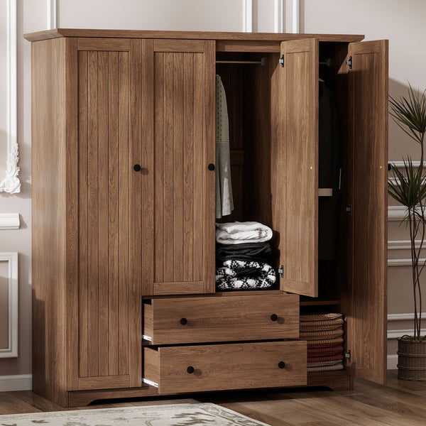 English Elm 4 Door Wardrobe Armoire Closet with 2 Drawers Rustic Pine & MDF Storage Cabinet with Shelves and Hanging Space Brown N7090001842D