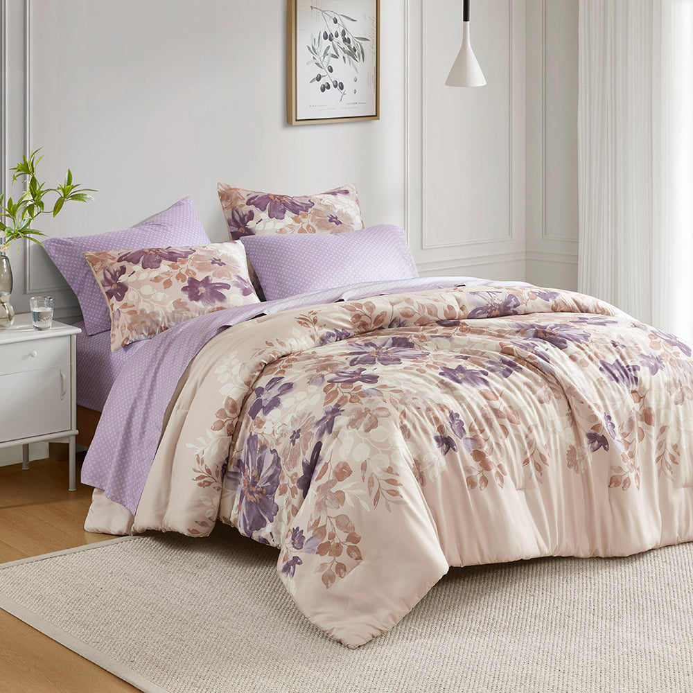 JLA Home Madison Park Essentials - Floral Watercolor Comforter Set with Lilac Diamond Sheets, Neutral Purple-Taupe Floral Oasis MPE10-1067