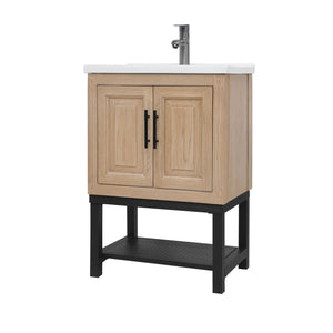 English Elm 24" Bathroom Vanity with Smooth White Ceramic Sink, Durable Metal Hinges, Adjustable Feet, Sleek Faucet & Open Iron Shelf Natural W688P224403