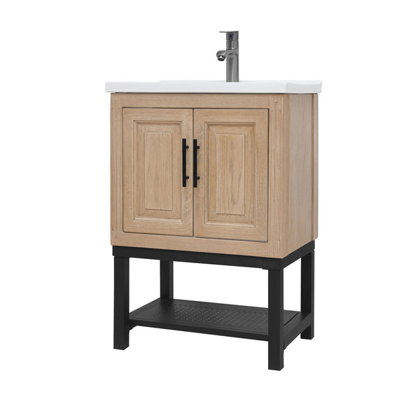 English Elm 24" Bathroom Vanity with Smooth White Ceramic Sink, Durable Metal Hinges, Adjustable Feet, Sleek Faucet & Open Iron Shelf Natural W688P224403