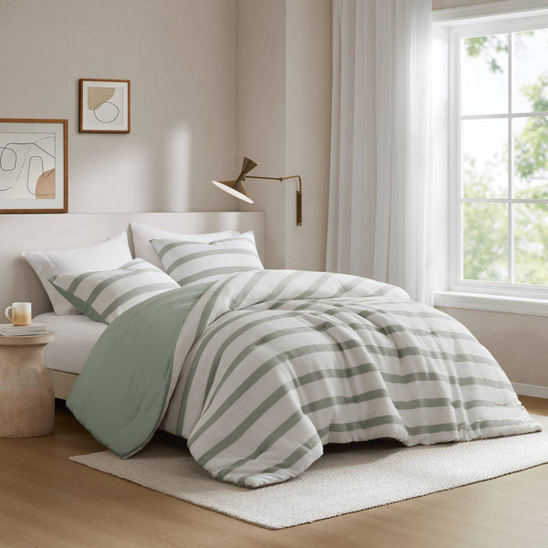JLA Home Super Listing - Yarn-dyed Merritt striped comforter with woven tonal texture, subtle crinkle, OEKO-TEX® quality and all-season warmth Sage Green AM10-0612