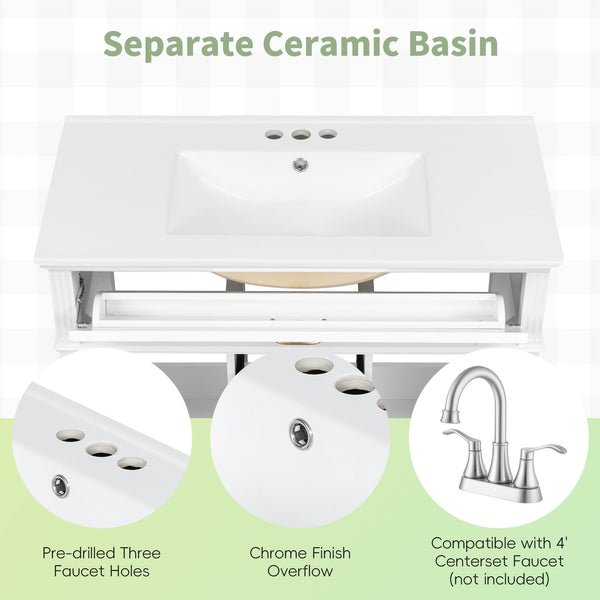 English Elm 36 Inch Bathroom Vanity with Ceramic Sink, Durable MDF & Solid Wood Frame, Soft-Close Doors, Luxe Handles, Ample Organized Storage, Modern Freestanding Design White N725P314034K
