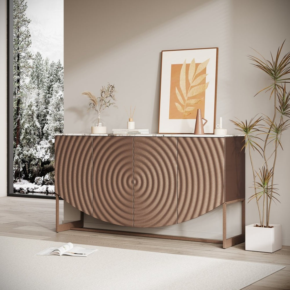 English Elm Unique Wave Relief Sideboard Buffet with Marble Top Four Door Living Dining Storage W2263P375694